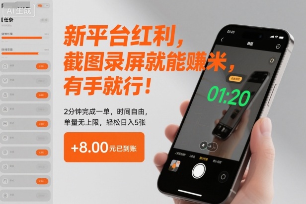 新平台红利，截图录屏就能賺米，有手就行！2分钟完成一单，时间自由，单量无上限，轻松日入5张【揭秘】-nangewz