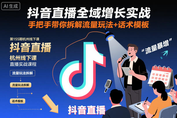 抖音直播全域增长实战第155期杭州线下课，手把手带你拆解流量玩法+话术模板-nangewz