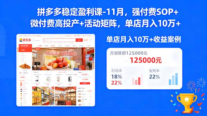 拼多多稳定盈利课-11月，强付费SOP+微付费高投产+活动矩阵，单店月入10w+-nangewz