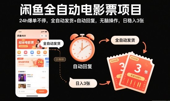 闲鱼全自动电影票项目，24h爆单不停，全自动发货+自动回复，无脑操作，日稳入3张【揭秘】-nangewz