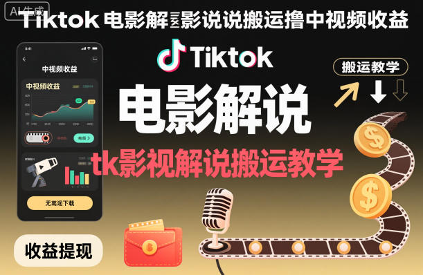Tiktok电影解说搬运撸中视频收益，tk影视解说搬运教学-nangewz