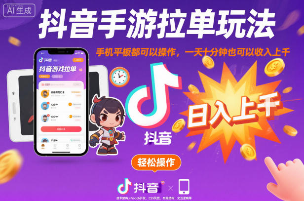 抖音手游拉单玩法，手机平板都可以操作，一天十分钟也可以收入上K【揭秘】-nangewz