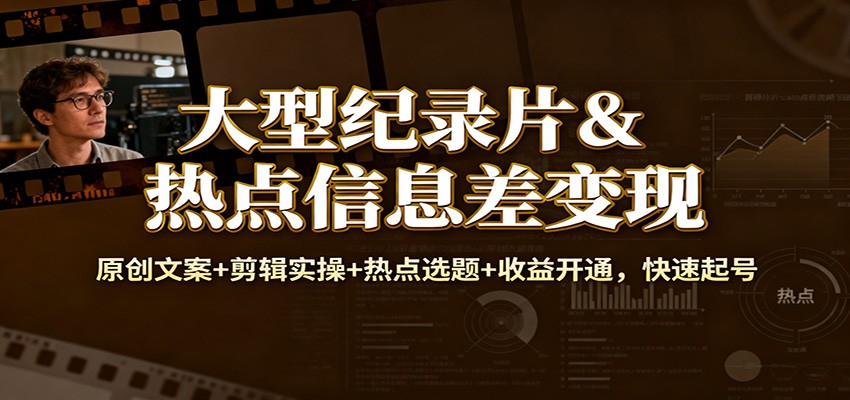 大型纪录片&热点信息差变现：原创文案+剪辑实操+热点选题+收益开通，快速起号-nangewz