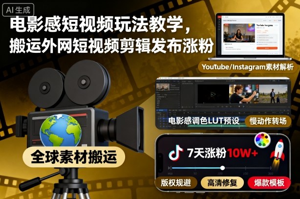 电影感短视频玩法教学，搬运外网短视频剪辑发布涨粉-nangewz