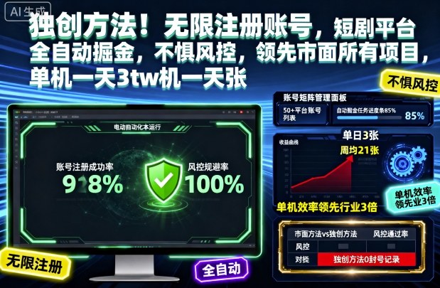 独创方法！无限注册账号，短剧平台全自动掘金，不惧风控，领先市面所有项目，单机一天3张【揭秘】-nangewz