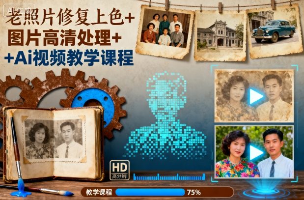 老照片修复上色+图片高清处理+Ai视频教学课程-nangewz
