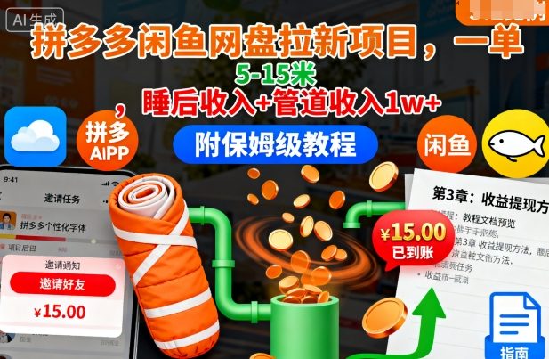 拼多多闲鱼网盘拉新项目，一单5-15米，睡后收入+管道收入1w+(附保姆级教程)-nangewz