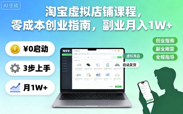 淘宝虚拟店铺课程，零成本创业指南，副业月入1W+-nangewz