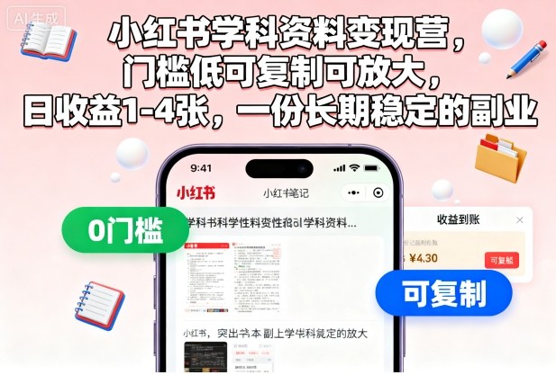 小红书学科资料变现营，门槛低可复制可放大，日收益1-4张，一份长期稳定的副业-nangewz