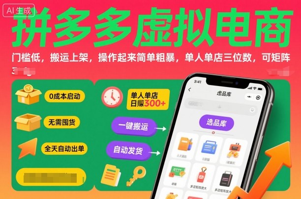 拼多多虚拟电商，门槛低，搬运上架，操作起来简单粗暴，单人单店三位数，可矩阵-nangewz