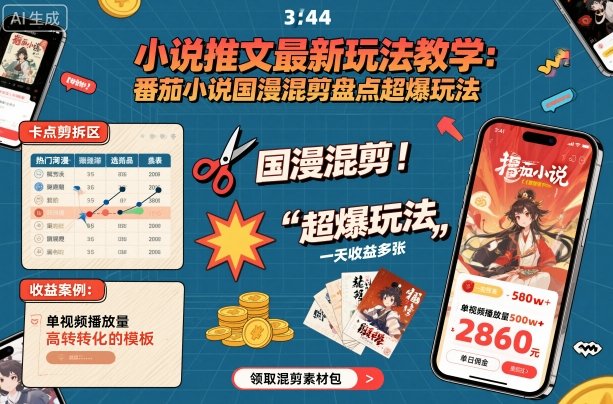 小说推文最新玩法教学，番茄小说国漫混剪盘点超爆玩法，全程干货，一天收益多张-nangewz