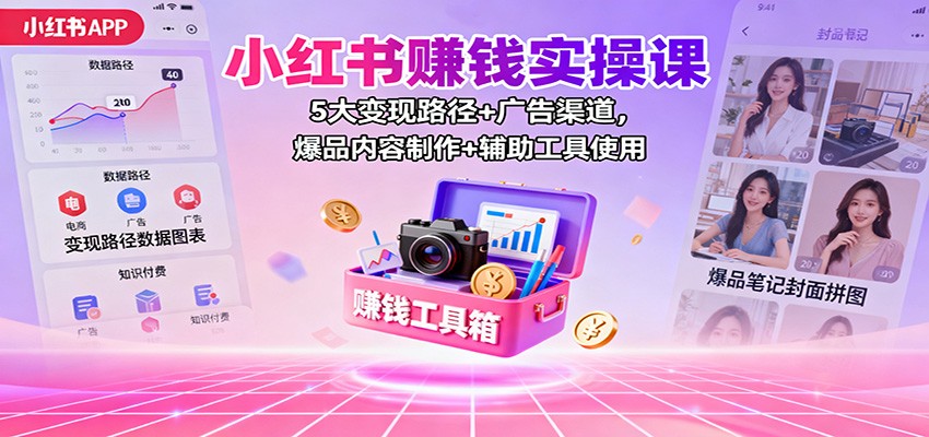 小红书赚钱实操课：5大变现路径+广告渠道，爆品内容制作+辅助工具使用-nangewz