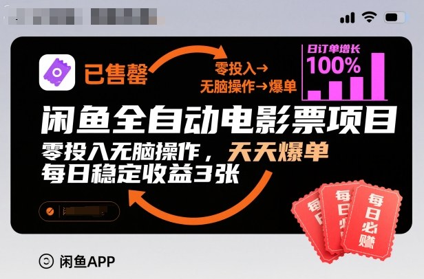闲鱼全自动电影票项目，零投入无脑操作，天天爆单，每日稳定收益3张【揭秘】-nangewz