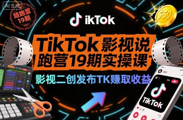 TikTok影视解说陪跑营19期实操课，影视二创发布TK賺取收益，万播收益50美金-nangewz