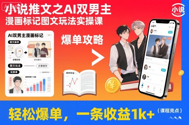 小说推文之AI双男主漫画标记图文玩法实操课，轻松爆单，一条收益1k+-nangewz
