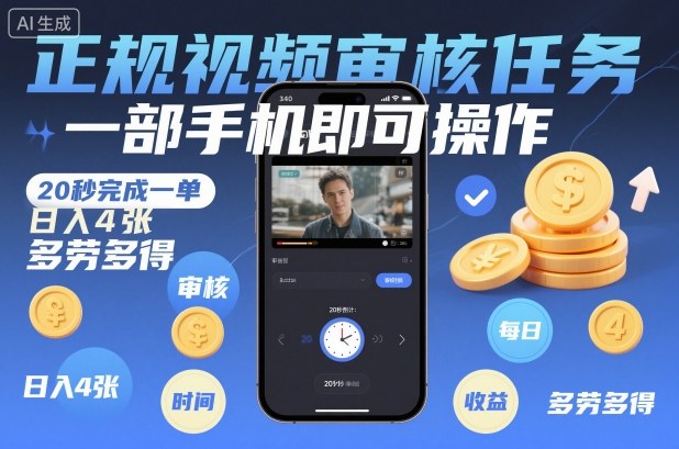 正规视频审核任务，一部手机即可操作，20秒完成一单，日入4张，多劳多得【揭秘】-nangewz