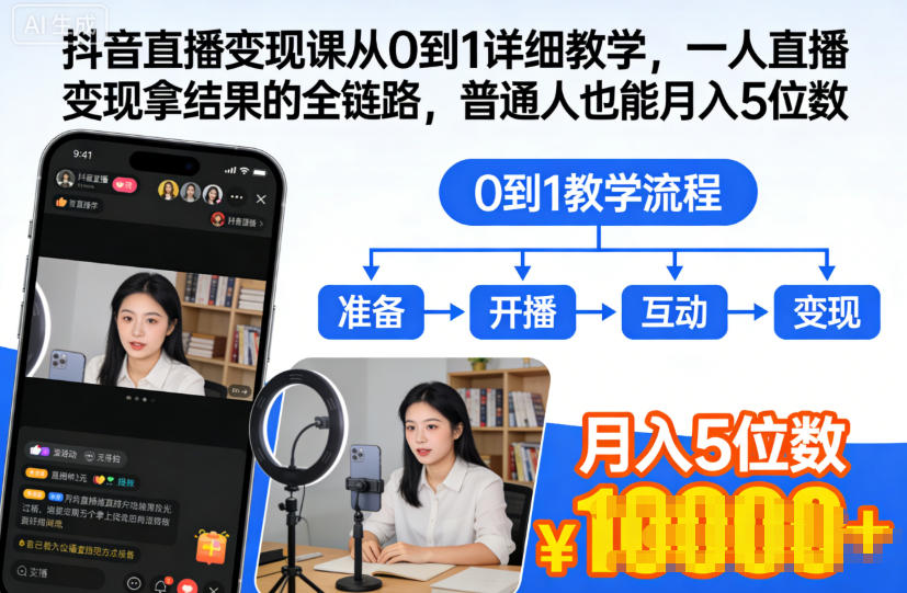 抖音直播变现课从0到1详细教学，一人直播变现拿结果的全链路，普通人也能月入5位数-nangewz