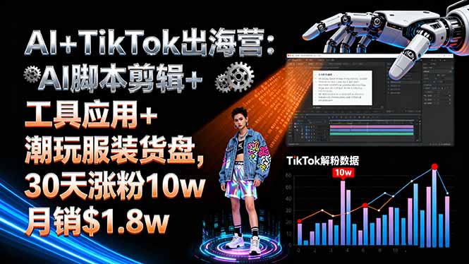 AI+TikTok出海营:AI脚本剪辑+工具应用+潮玩服装货盘,30天涨粉10w月销$1.8w-nangewz