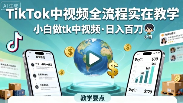 TikTok中视频全流程实操教学，小白做tk中视频，日入百刀-nangewz