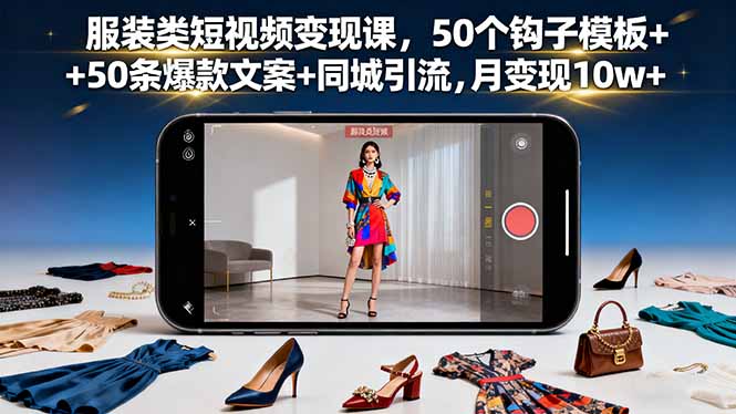 服装类短视频变现课，50个钩子模板+50条爆款文案+同城引流，月变现10w+-nangewz