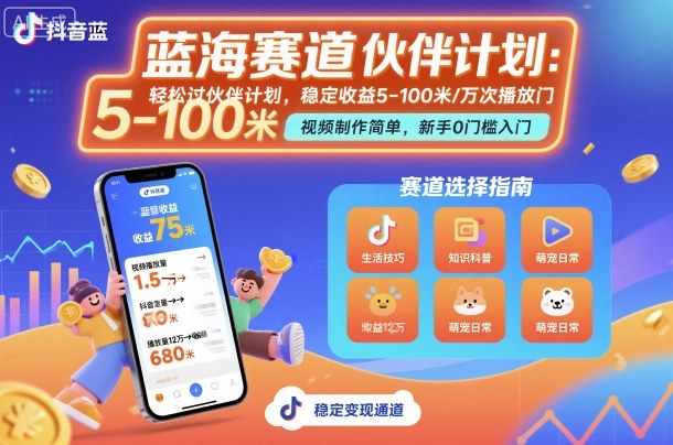 抖音蓝海赛道，轻松过伙伴计划，视频制作简单，万次播放收益在5-100米，稳定收益-nangewz