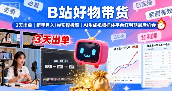 B站好物带货，3天出单，新手月入1W实操拆解，AI生成视频，抓住平台红利期最后机会-nangewz