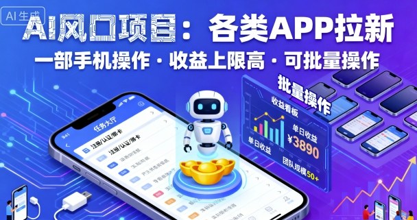 AI风口项目，各类APP拉新，一部手机就可以操作，收益上限高，可批量操作-nangewz