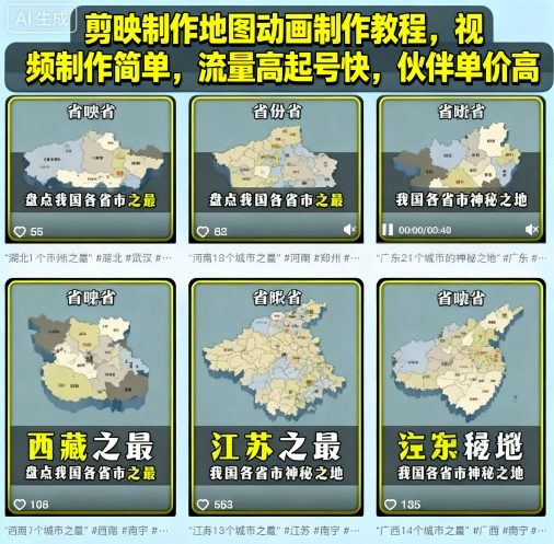 剪映制作地图动画制作教程，视频制作简单，流量高起号快，伙伴单价高-nangewz