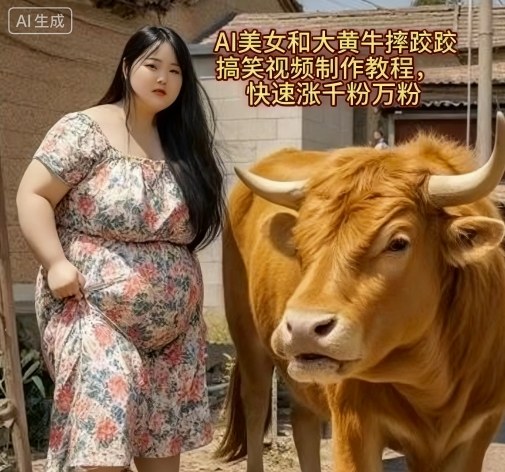 AI美女和大黄牛摔跤搞笑荒诞视频制作教程，快速涨千粉万粉-nangewz