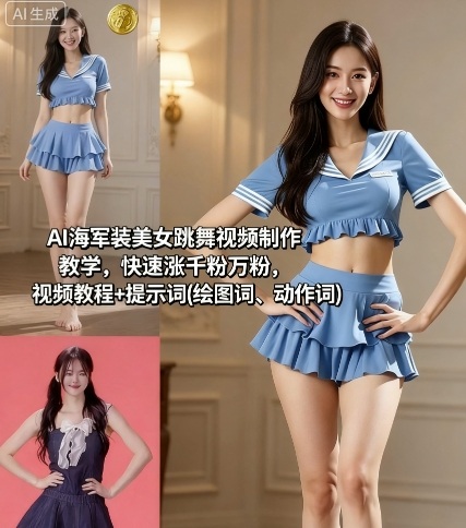 AI海军装美女跳舞视频制作教学，快速涨千粉万粉，视频教程+提示词(绘图词、动作词)-nangewz
