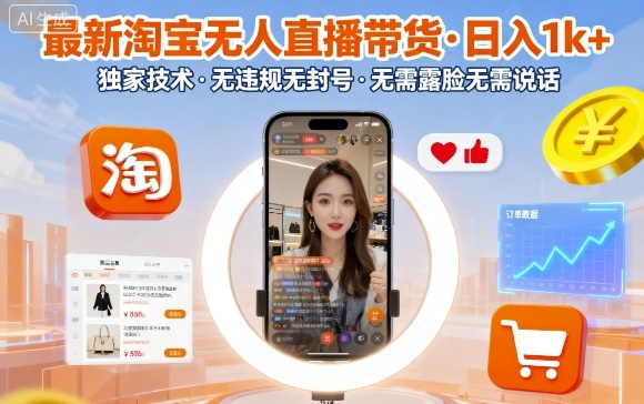 最新淘宝无人直播带货，日入1k+，独家技术，无违规无封号，无需露脸无需说话【揭秘】-nangewz