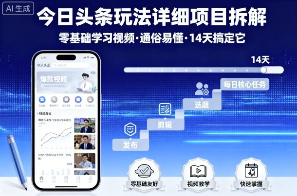 今日头条玩法详细项目拆解，零基础学习视频 通俗易懂 14天搞定它-nangewz
