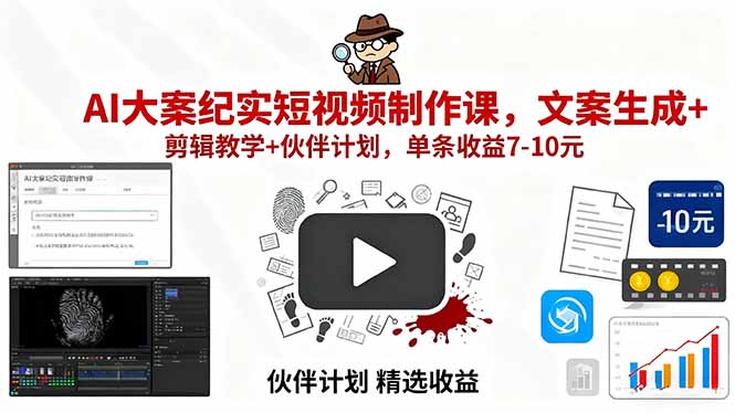AI大案纪实短视频制作课，文案生成+剪辑教学+伙伴计划，单条收益7-10元-nangewz