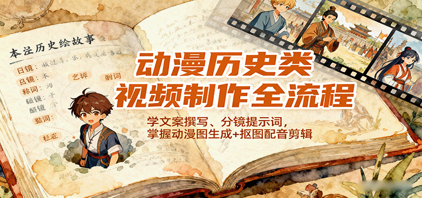 动漫历史类视频制作全流程，学文案撰写、分镜提示词，掌握动漫图生成+抠图配音剪辑-nangewz