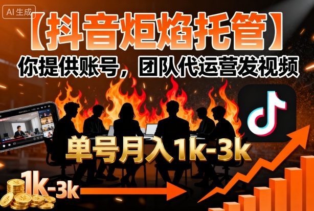 【抖音炬焰托管】你提供账号，团队代运营发视频，单号月入1k+【揭秘】-nangewz