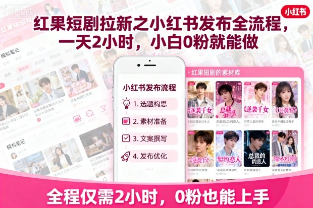 红果短剧拉新之小红书发布全流程，一天2小时，小白0粉就能做-nangewz