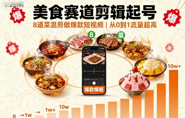 美食赛道剪辑起号，8道菜混剪做爆款短视频，从0到1，流量超高-nangewz