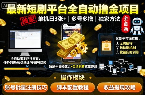 最新短剧平台全自动挂G撸金项目，单机一天3张+，多号多撸，区别于市面所有挂机项目，独家方法【揭秘】-nangewz