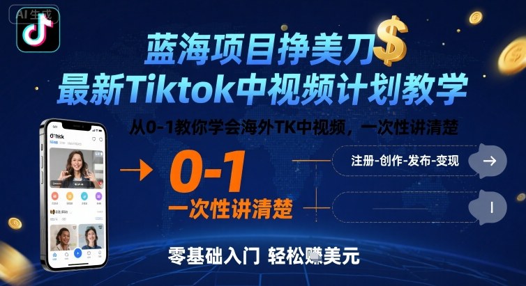 蓝海项目挣美刀，最新Tiktok中视频计划教学，从0-1教你学会海外TK中视频，一次性讲清楚-nangewz