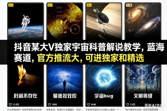 抖音某大V独家宇宙科普解说教学，蓝海赛道，官方推流大，可进独家和精选-nangewz