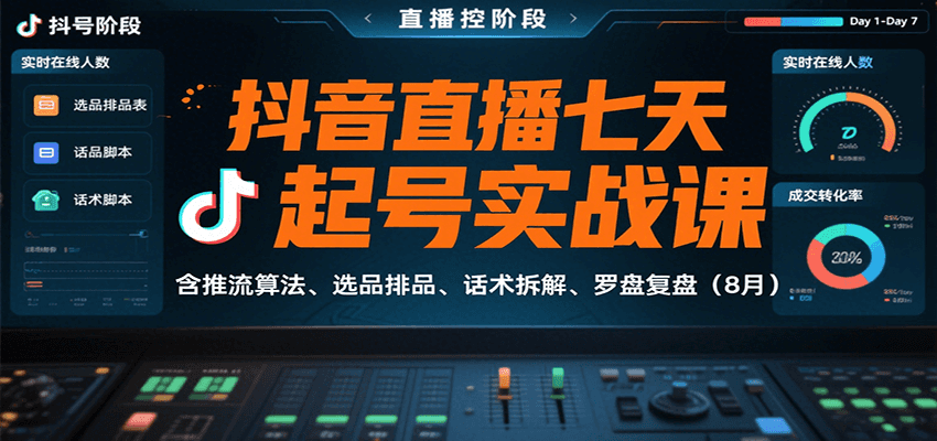 抖音直播七天起号实战课：含推流算法、选品排品、话术拆解、罗盘复盘(8月)-nangewz