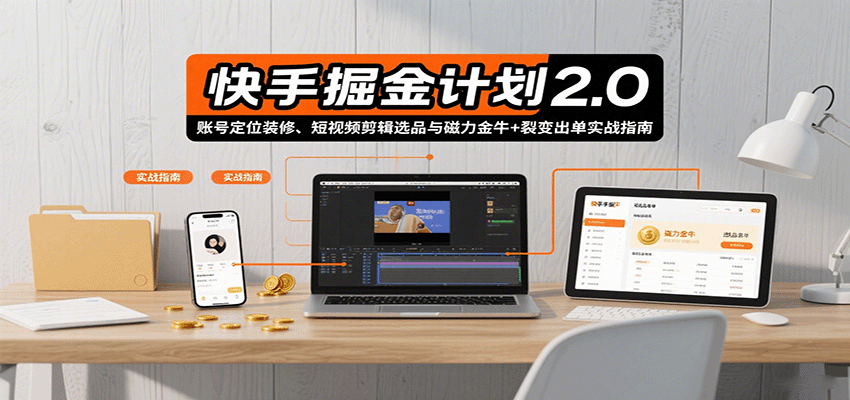 快手掘金计划2.0，账号定位装修、短视频剪辑选品与磁力金牛+裂变出单实战指南-nangewz