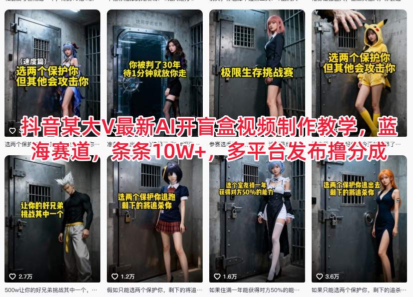 抖音某大V最新AI开盲盒视频制作教学，蓝海赛道，条条10W+，多平台发布撸分成-nangewz