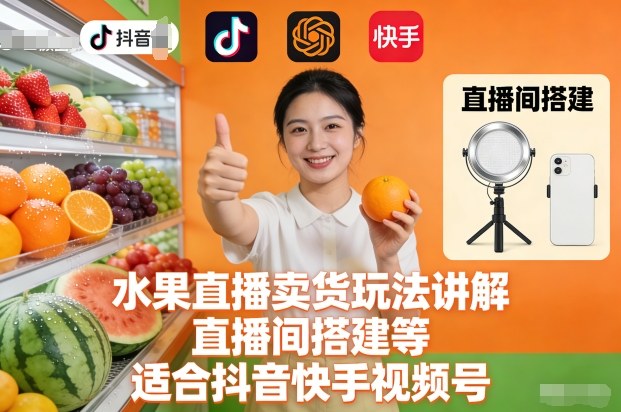 水果直播卖货玩法讲解、直播间搭建等，适合抖音快手视频号-nangewz