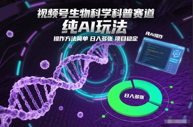 视频号生物科学科普赛道，纯AI玩法，操作方法简单，日入多张，项目稳定-nangewz