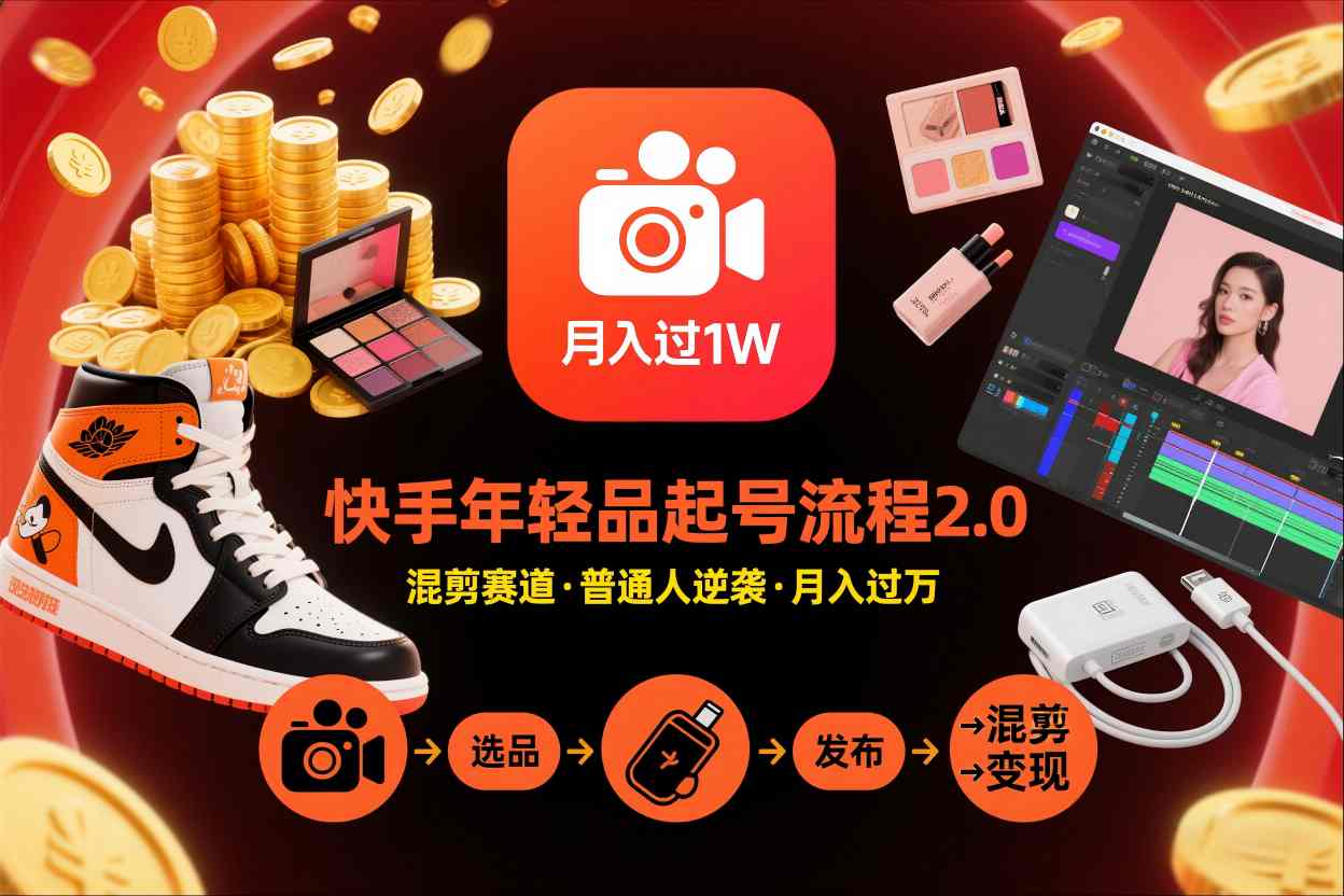 快手短视频带货年轻品起号流程2.0，快手年轻品混剪赛道，普通人也能月入过1W-nangewz