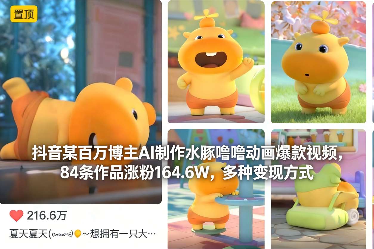 抖音某百万博主AI制作水豚噜噜动画爆款视频，84条作品涨粉164.6W，多种变现方式-nangewz